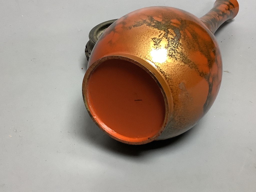 A Japanese patinated bronze bottle vase, early 20th century, with hardwood stand 26cm total